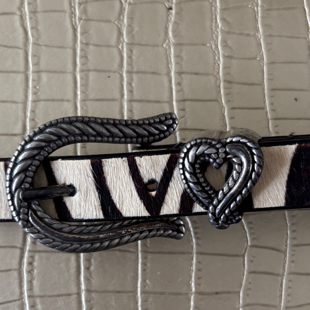 Chico's Zebra Print Belt with Silver Heart Buckle